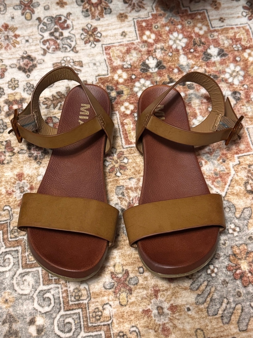 MIA Peyton Cognac Vegan Leather Ankle Strap Sandals Tortoise Buckle Size 6